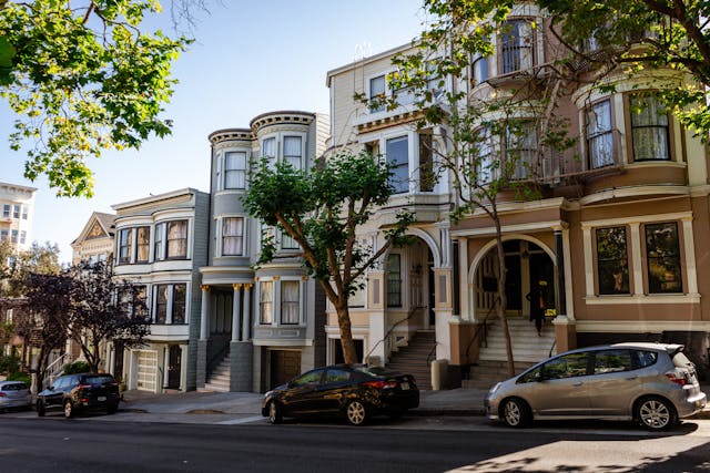 A street of townhouses.